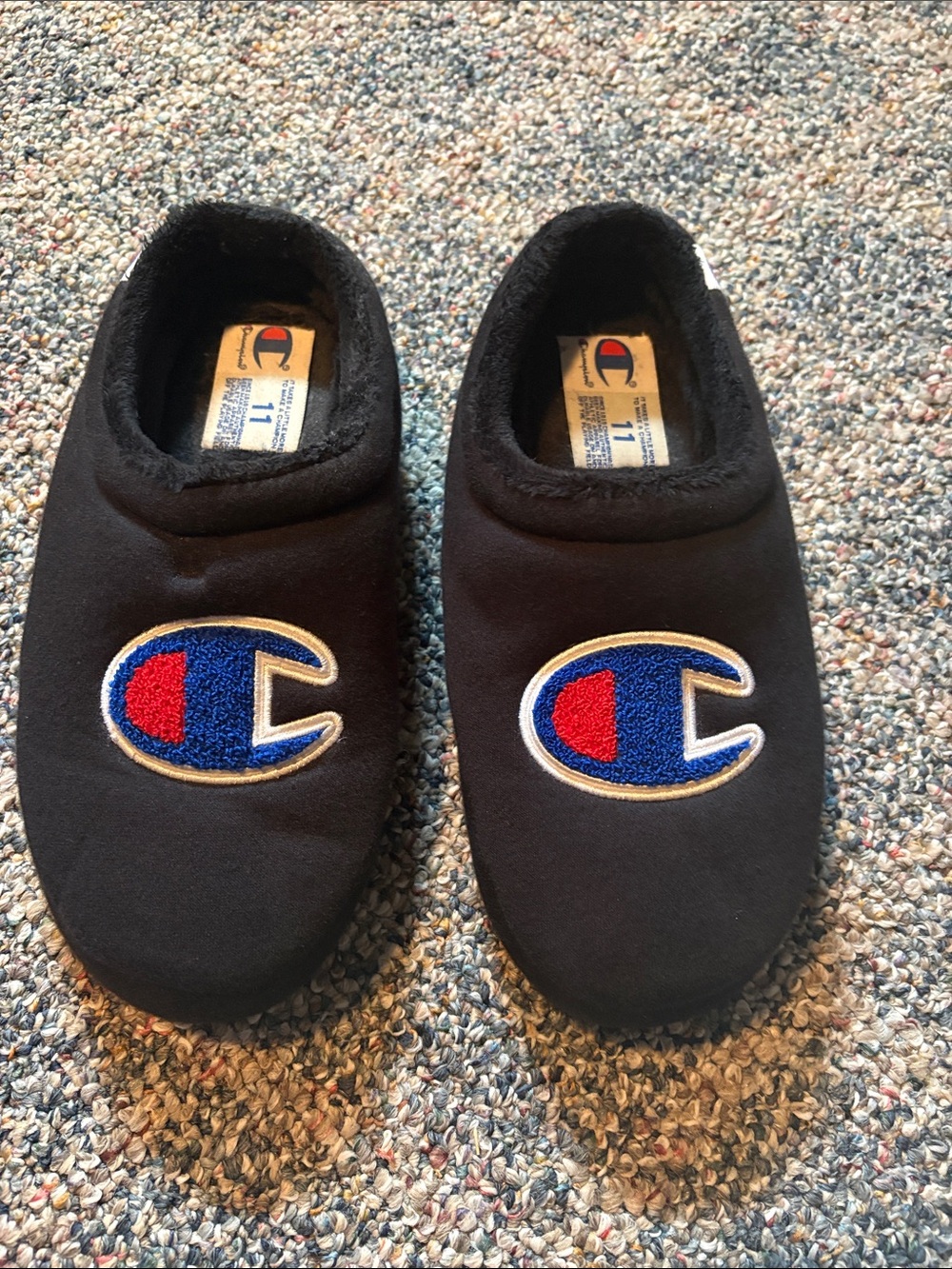 Champion Kids Black Slip-On Footies with Blue and Red Logo